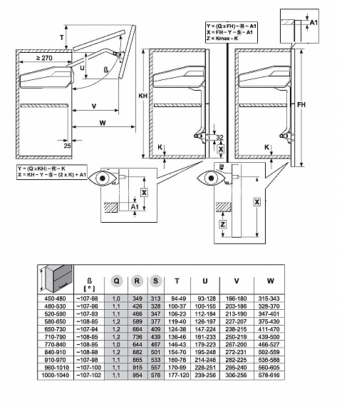 Механизм ФриФолд Шорт G3fs, д. фасадов H710-790 мм, 3,7-6,3 кг Art. 2720170006, Kessebohmer